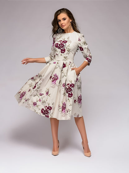 MyWestern Women Elegant Floral Print Half Sleeve Midi Dress