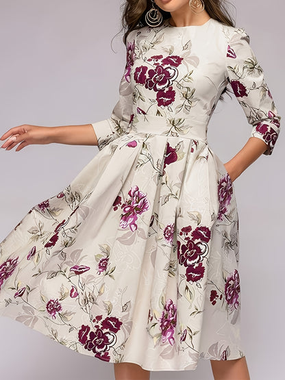 MyWestern Women Elegant Floral Print Half Sleeve Midi Dress