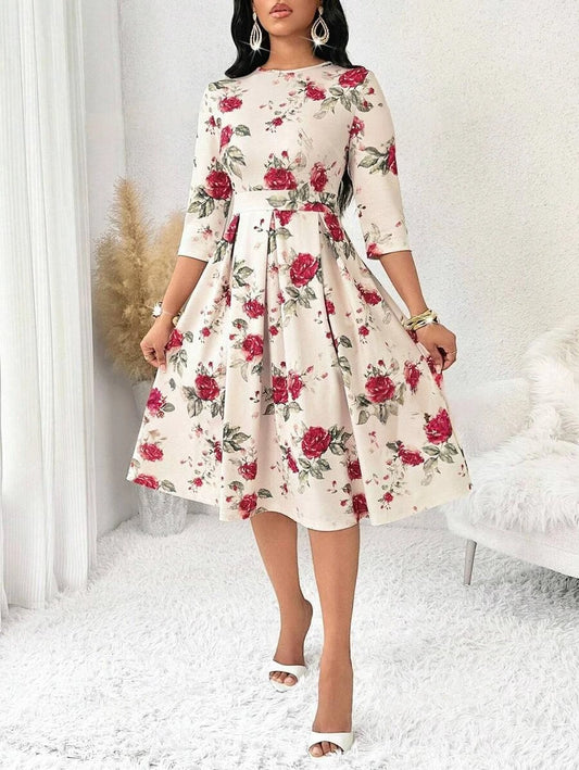 MyWestern Women's Floral Vintage Dress Elegant Midi Evening Dress 3/4 Sleeves