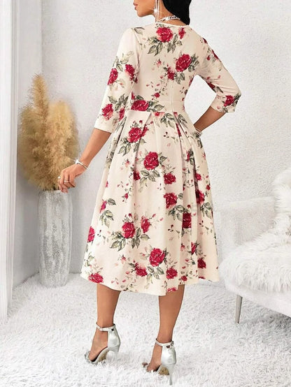 MyWestern Women's Floral Vintage Dress Elegant Midi Evening Dress 3/4 Sleeves