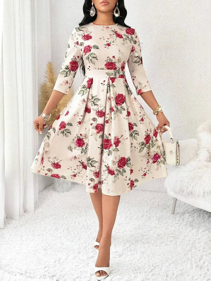 MyWestern Women's Floral Vintage Dress Elegant Midi Evening Dress 3/4 Sleeves