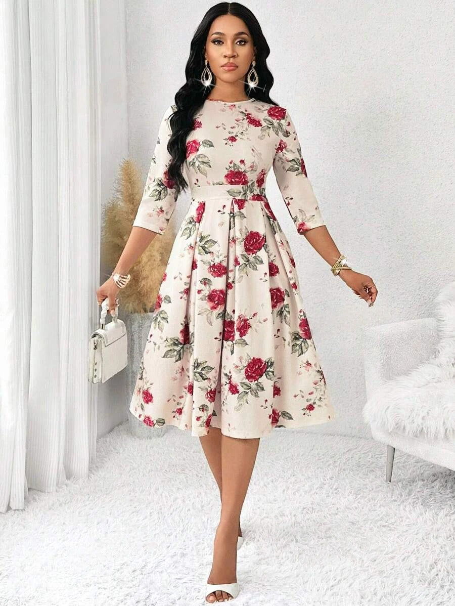 MyWestern Women's Floral Vintage Dress Elegant Midi Evening Dress 3/4 Sleeves