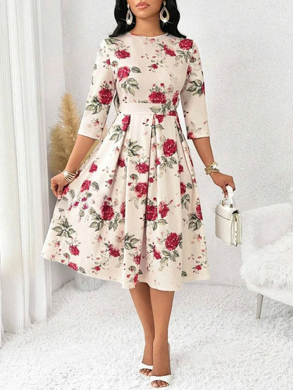 MyWestern Women's Floral Vintage Dress Elegant Midi Evening Dress 3/4 Sleeves