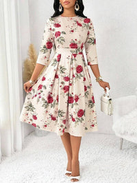 MyWestern Women's Floral Vintage Dress Elegant Midi Evening Dress 3/4 Sleeves My Western