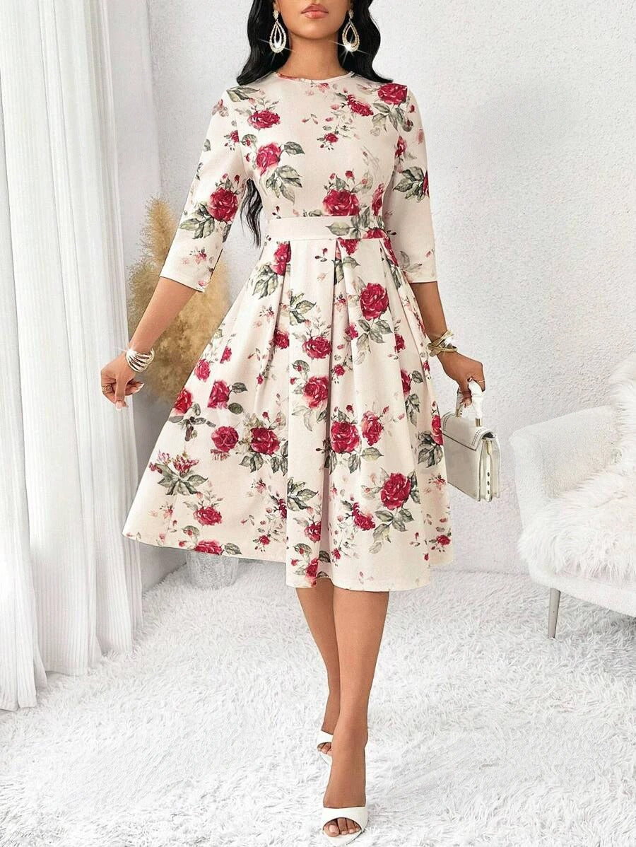 MyWestern Women's Floral Vintage Dress Elegant Midi Evening Dress 3/4 Sleeves