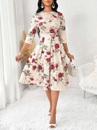 MyWestern Women's Floral Vintage Dress Elegant Midi Evening Dress 3/4 Sleeves My Western