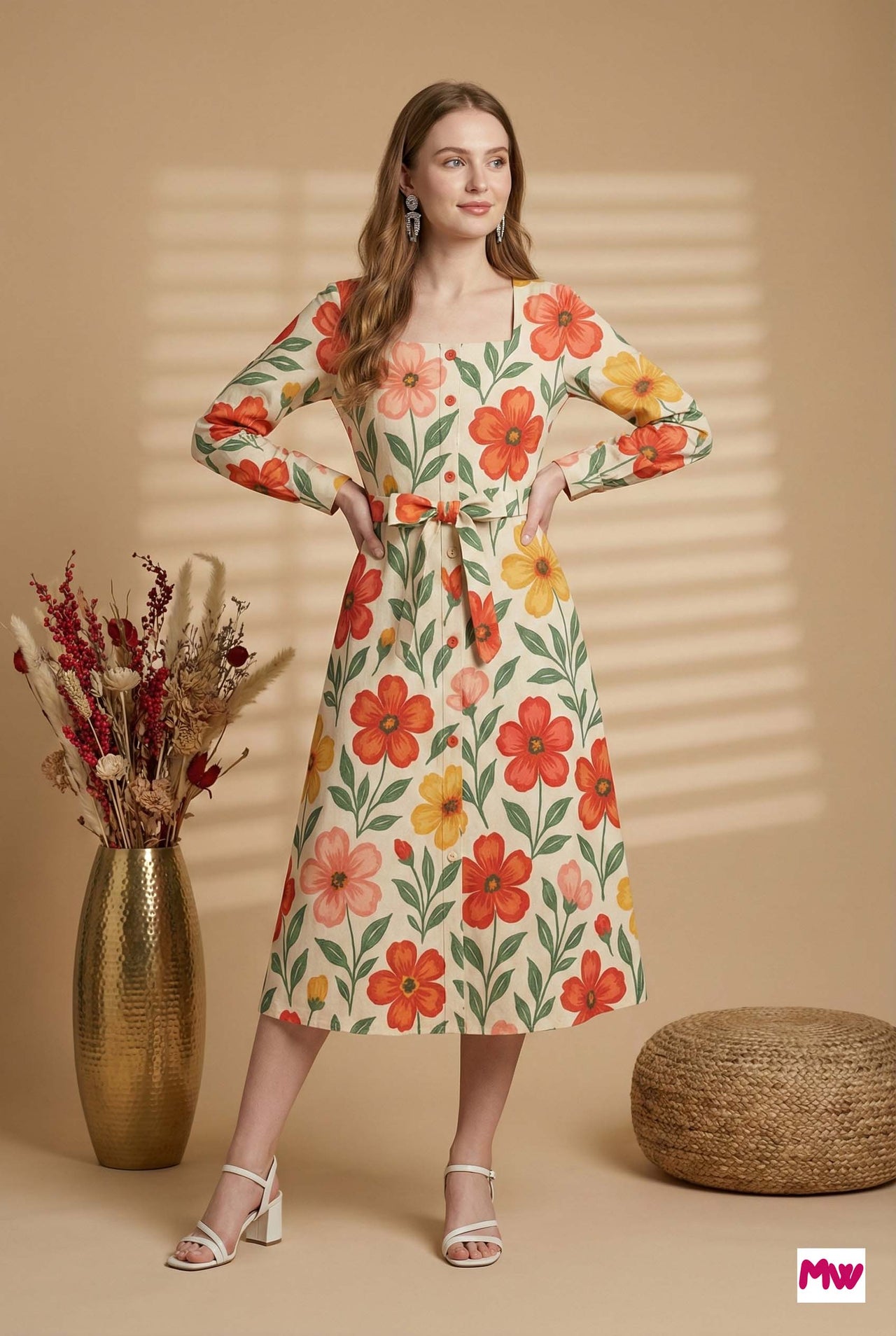 MyWestern Bold Bloom Long-Sleeve Midi Dress