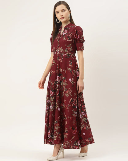 My Western Crepe Floral Printed Full Length Fit & Flared Western Maxi Dress