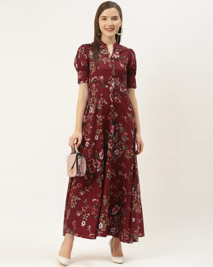 My Western Crepe Floral Printed Full Length Fit & Flared Western Maxi Dress