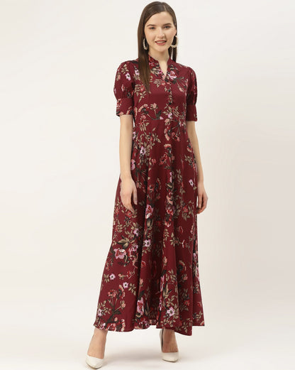 My Western Crepe Floral Printed Full Length Fit & Flared Western Maxi Dress