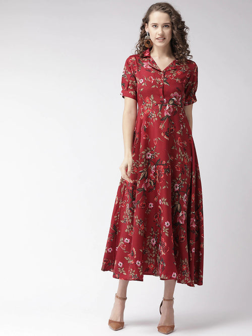 My Western Crepe Floral Printed Full Length Fit & Flared Western Maxi Dress