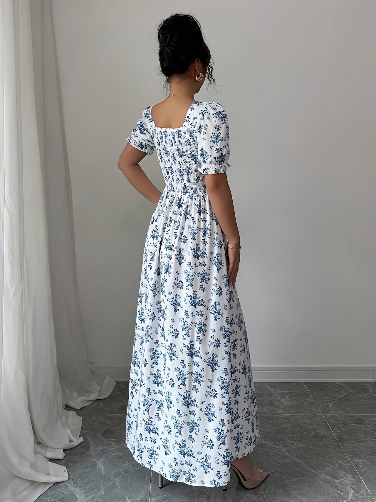 MyWestern Floral Print A-Line Maxi Dress with Puff Sleeves