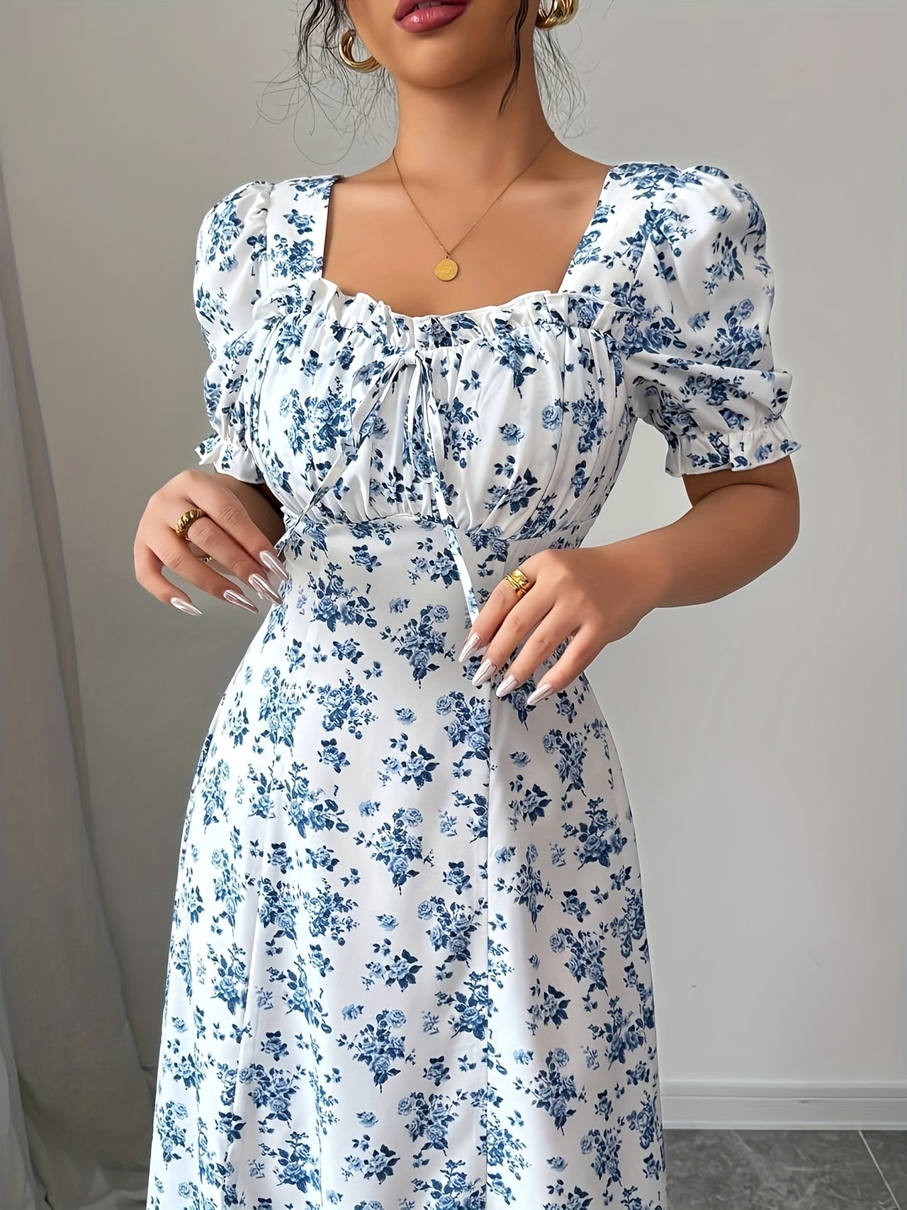 MyWestern Floral Print A-Line Maxi Dress with Puff Sleeves