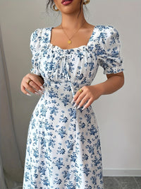 MyWestern Floral Print A-Line Maxi Dress with Puff Sleeves