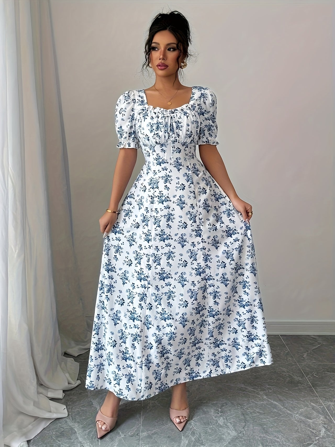 MyWestern Floral Print A-Line Maxi Dress with Puff Sleeves