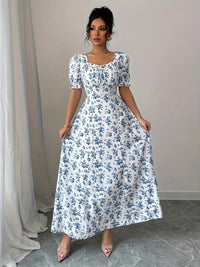 MyWestern Floral Print A-Line Maxi Dress with Puff Sleeves
