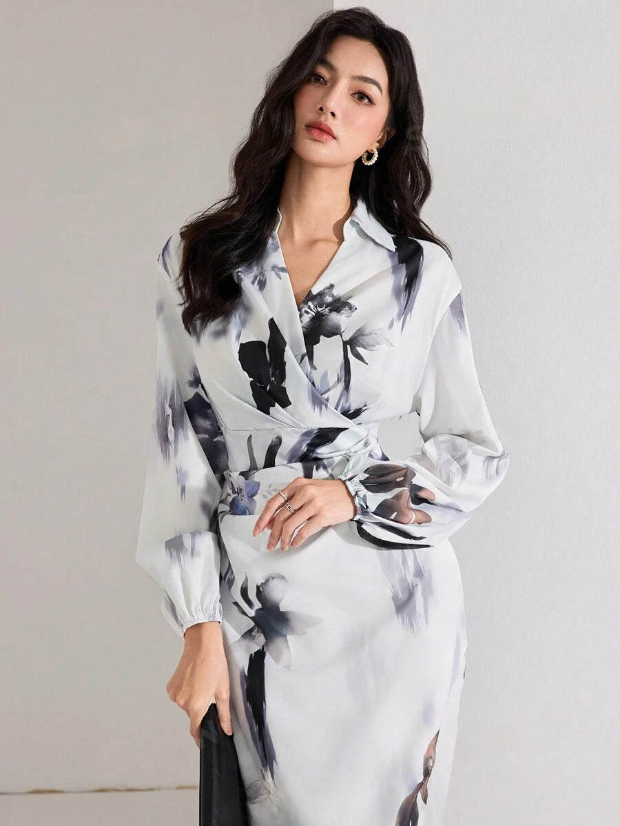 MyWestern Women's Fall Elegant Floral Print Lantern Sleeve Long Dress