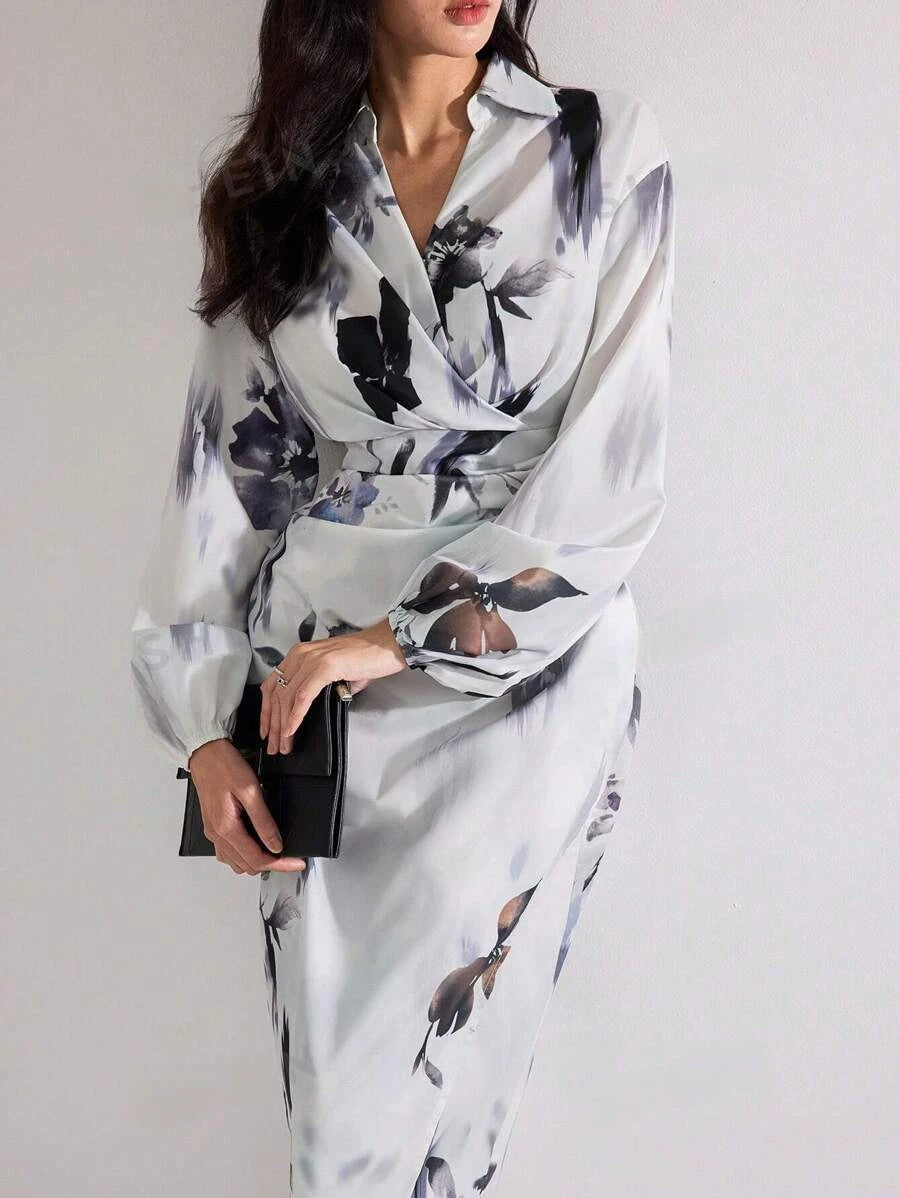 MyWestern Women's Fall Elegant Floral Print Lantern Sleeve Long Dress MyWestern Women's Fall Elegant Floral Print Lantern Sleeve Long Dress