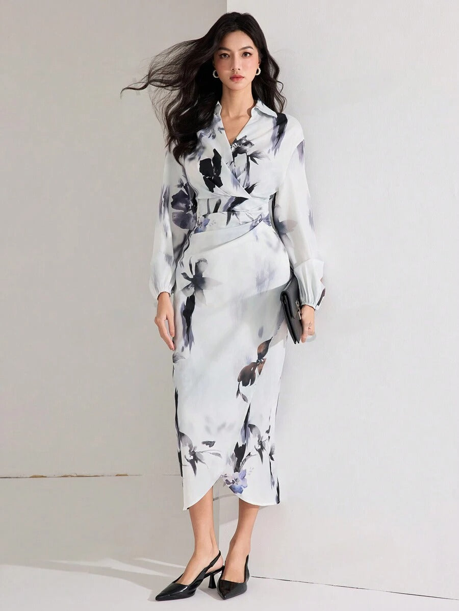MyWestern Women's Fall Elegant Floral Print Lantern Sleeve Long Dress My Western