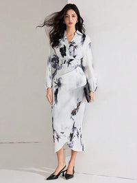 MyWestern Women's Fall Elegant Floral Print Lantern Sleeve Long Dress My Western