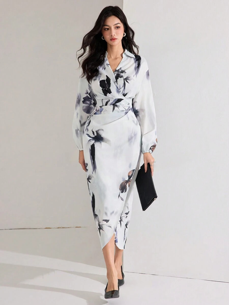 MyWestern Women's Fall Elegant Floral Print Lantern Sleeve Long Dress My Western