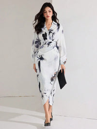 MyWestern Women's Fall Elegant Floral Print Lantern Sleeve Long Dress My Western