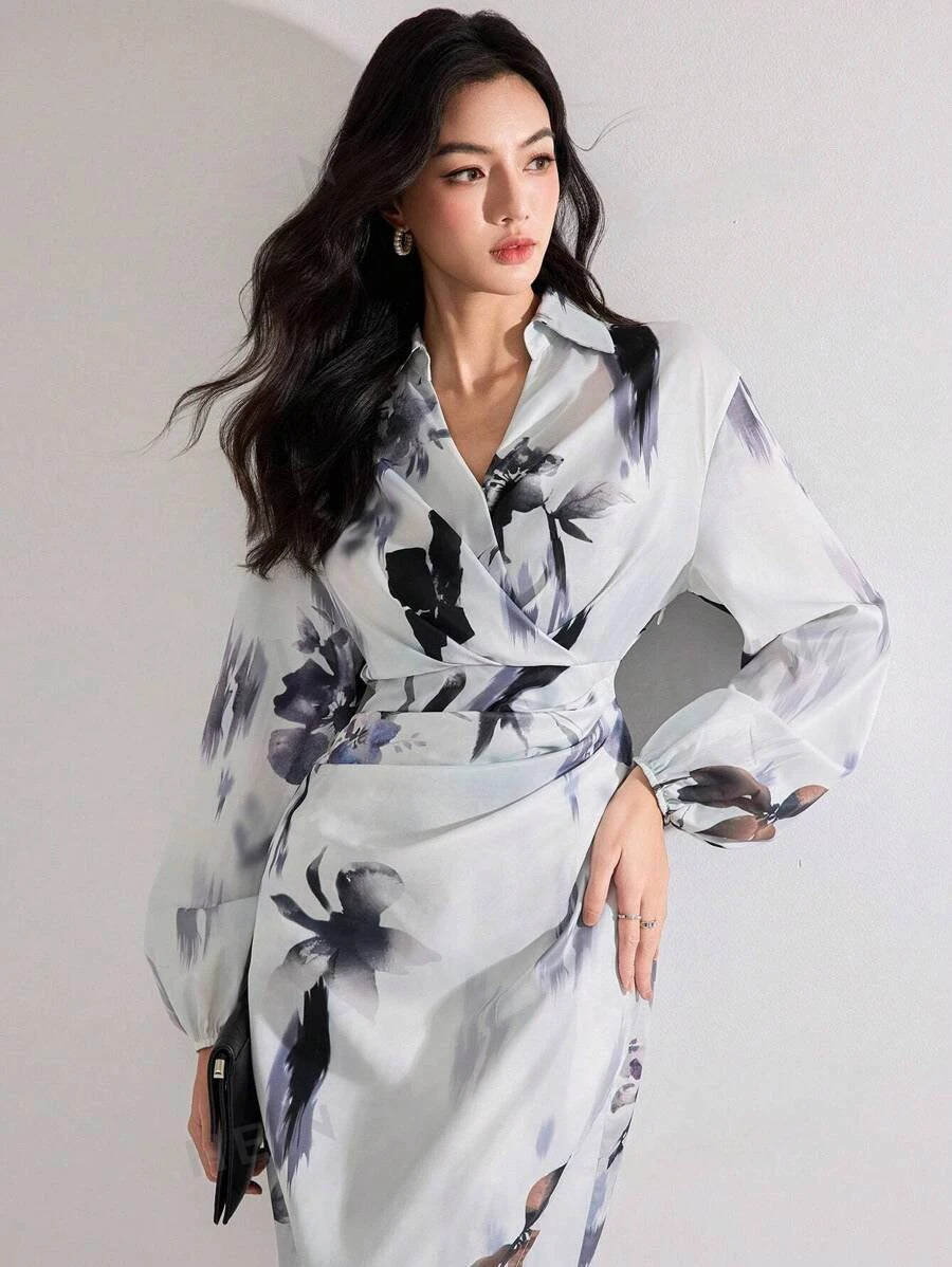 MyWestern Women's Fall Elegant Floral Print Lantern Sleeve Long Dress