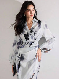 MyWestern Women's Fall Elegant Floral Print Lantern Sleeve Long Dress My Western