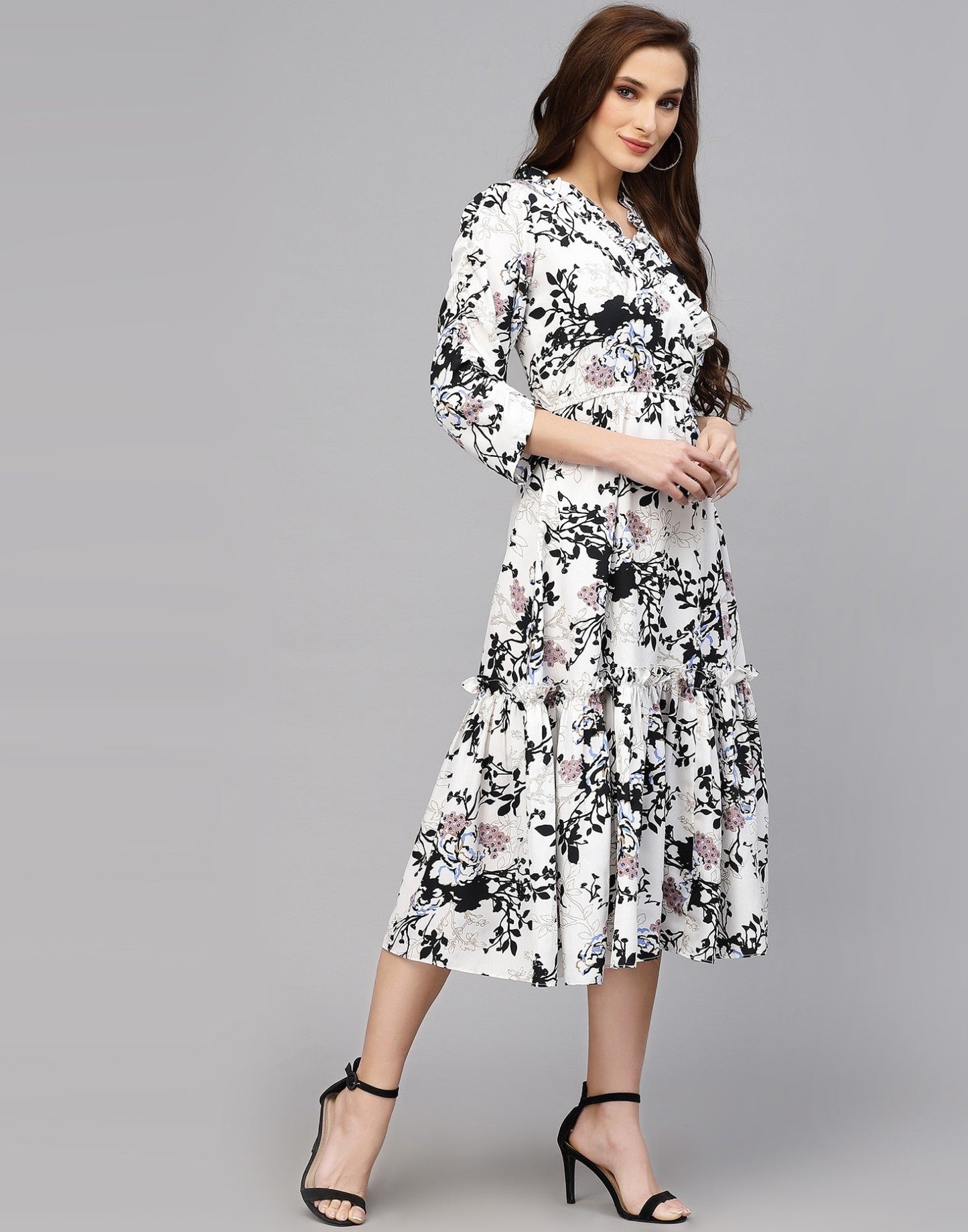 My Western Women's Crepe Floral Printed Ruffled Western Maxi Dress