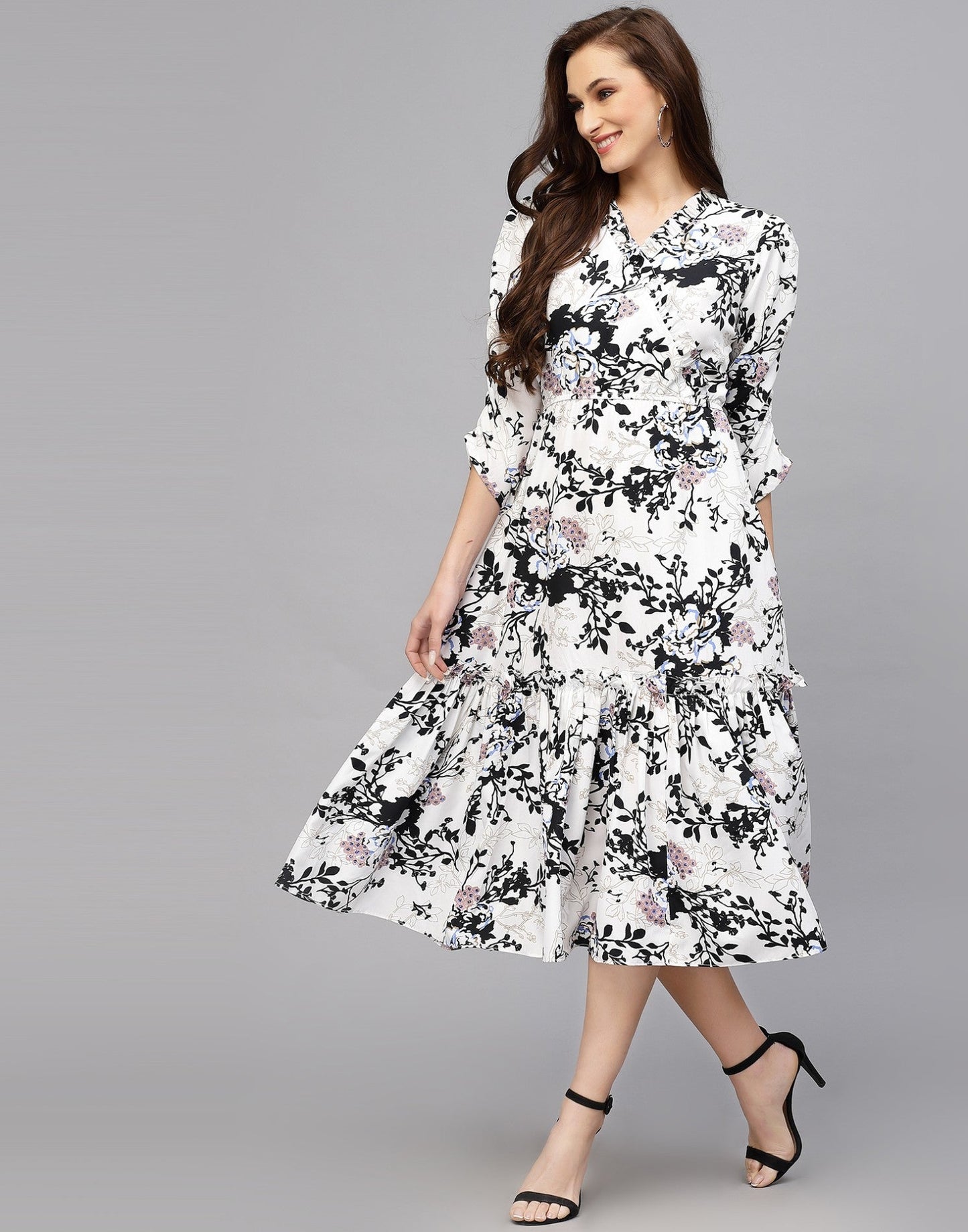 My Western Women's Crepe Floral Printed Ruffled Western Maxi Dress