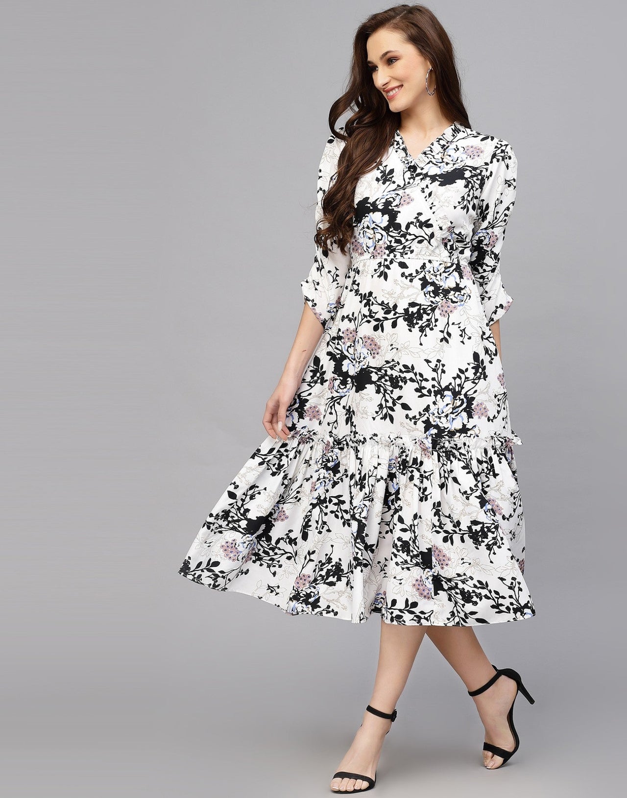My Western Women's Crepe Floral Printed Ruffled Western Maxi Dress My Western