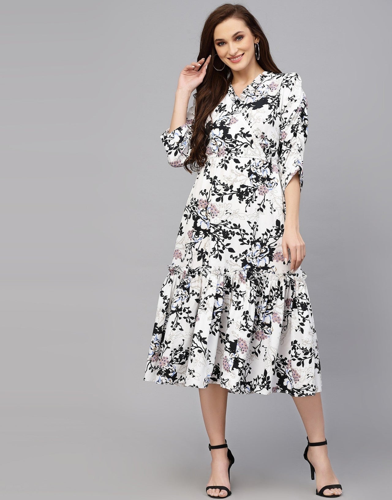 My Western Women's Crepe Floral Printed Ruffled Western Maxi Dress My Western