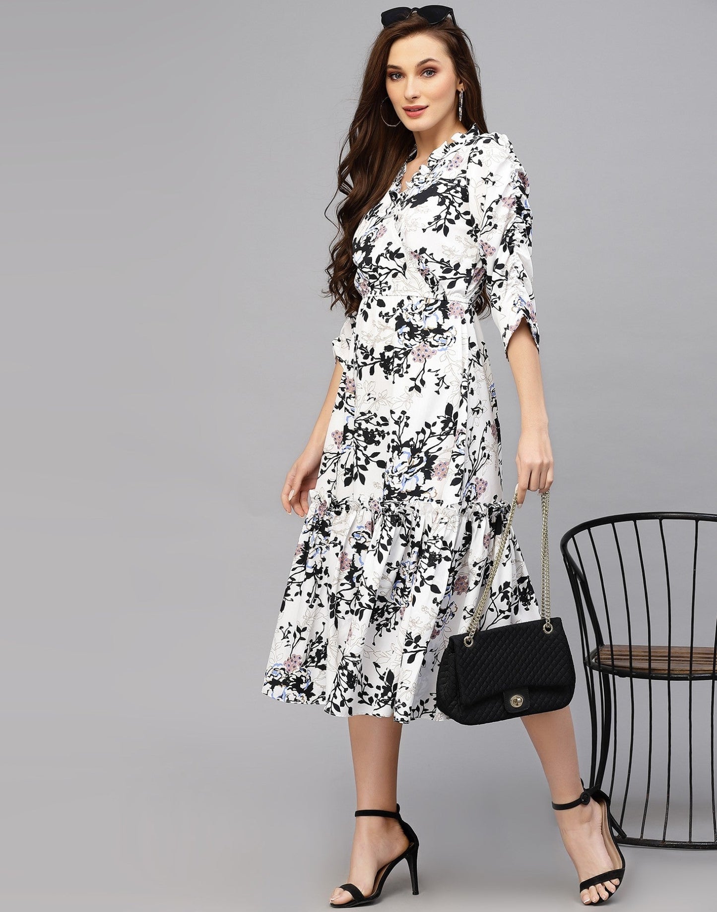 My Western Women's Crepe Floral Printed Ruffled Western Maxi Dress