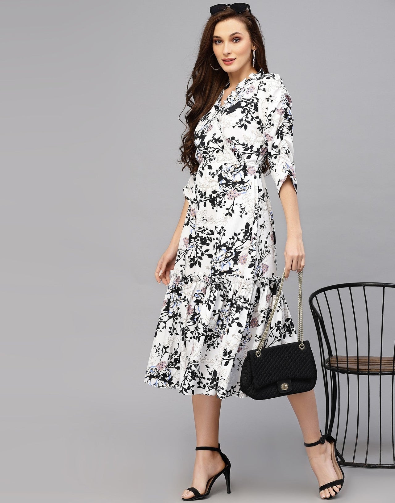 My Western Women's Crepe Floral Printed Ruffled Western Maxi Dress My Western