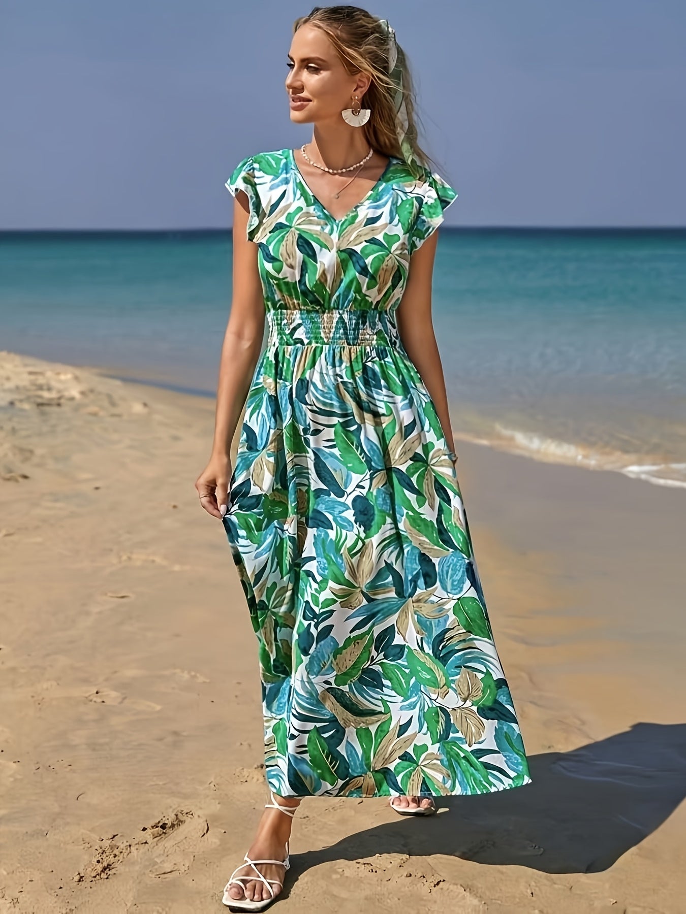 MyWestern Tropical Leaf Print Beach Maxi Dress