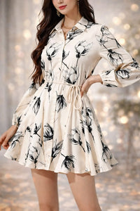 Women’s Floral Print Fit & Flare Mini Shirt Dress with Waist Tie