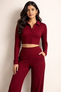 Mywestern Wine Ribbed Co-Ord Set for Women