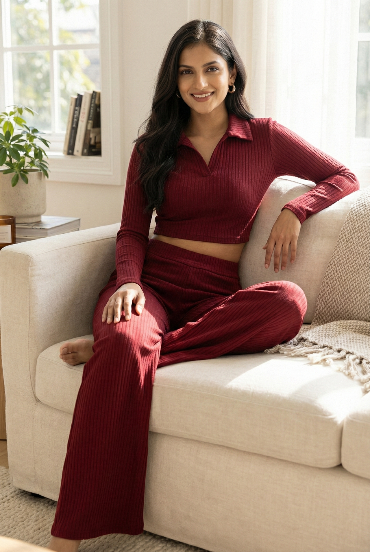 Mywestern Wine Ribbed Co-Ord Set for Women