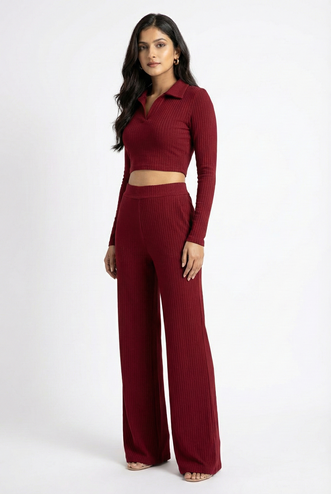 Mywestern Wine Ribbed Co-Ord Set for Women