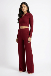 Mywestern Wine Ribbed Co-Ord Set for Women