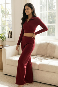 Mywestern Wine Ribbed Co-Ord Set for Women