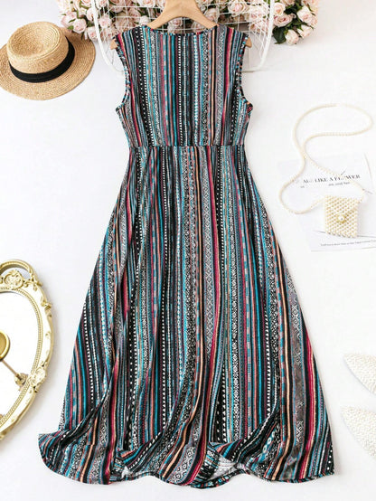 My Western Striped V-Neck Sleeveless Waist-Tie Dress