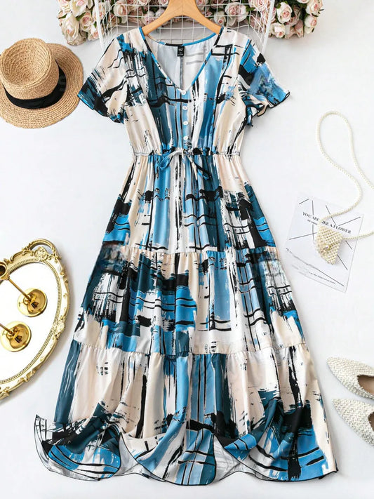 My Western Women's Elegant Plaid & Print V-Neck Short Sleeve Summer Dress