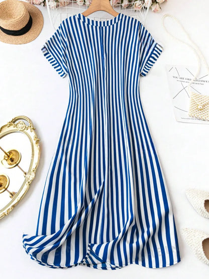 My Western Summer Casual Striped Notched Neck Short Sleeve Midi Dress