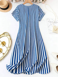 My Western Summer Casual Striped Notched Neck Short Sleeve Midi Dress My Western