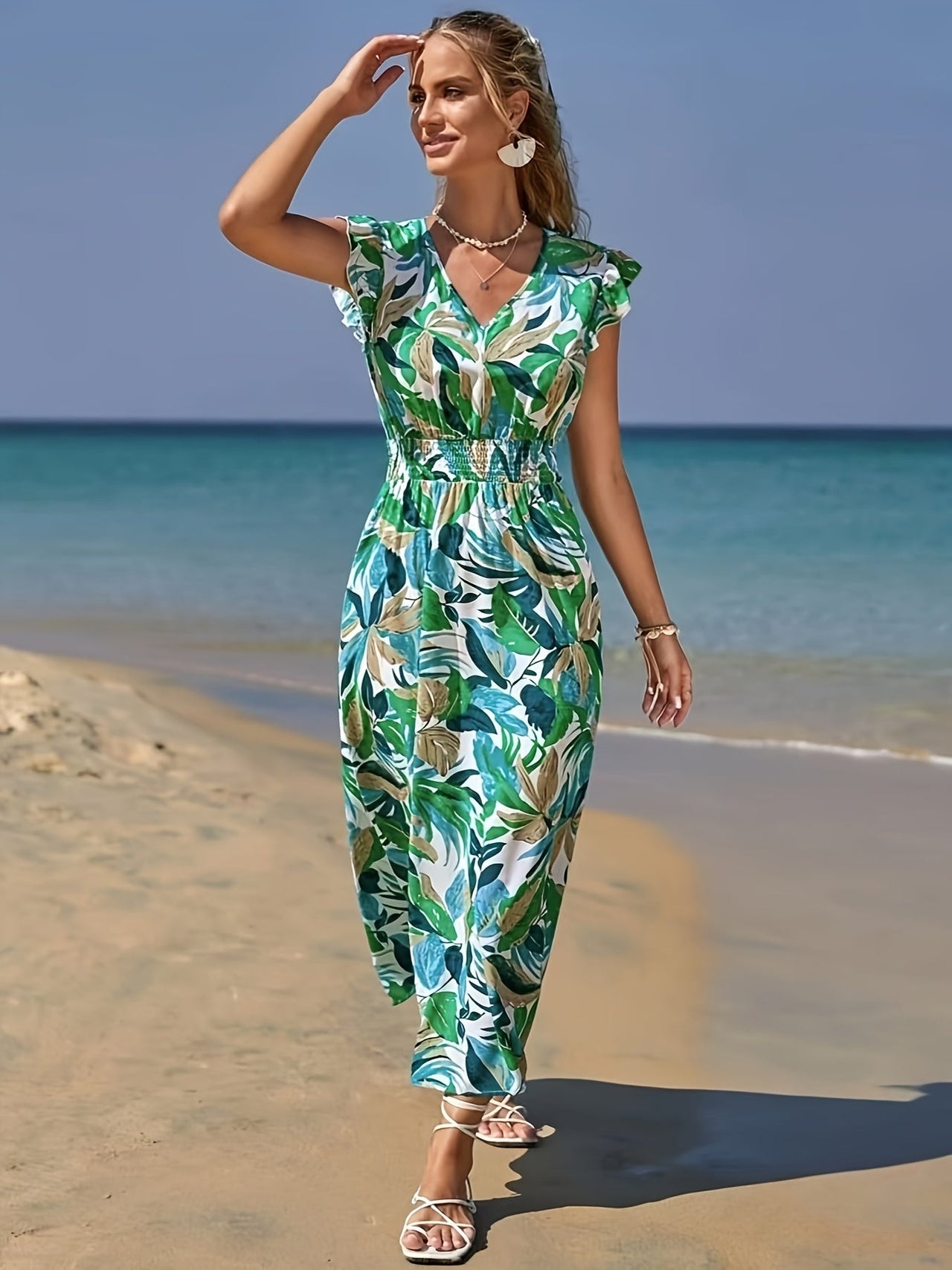 MyWestern Tropical Leaf Print Beach Maxi Dress My Western