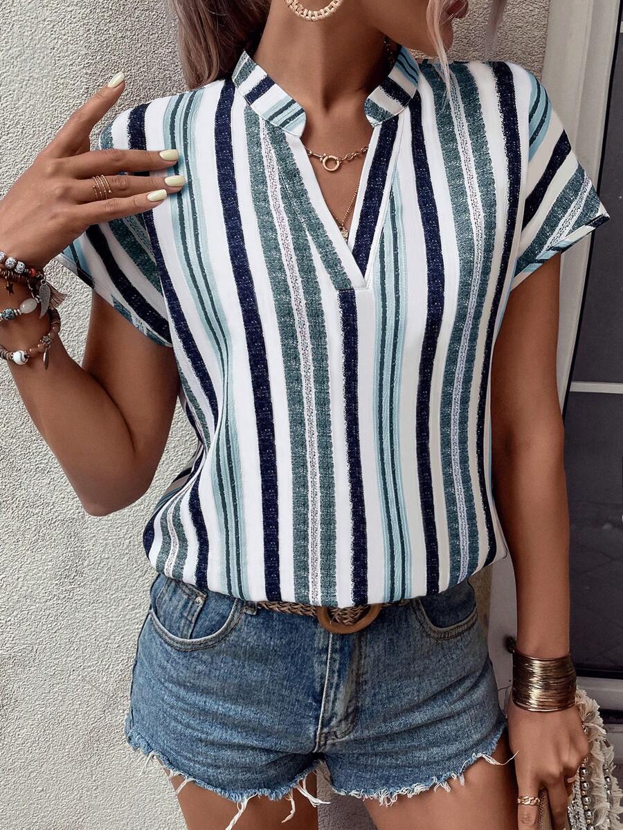 MyWesternMulticolor Striped Print Notched Neck Short Sleeve Top WesternLove