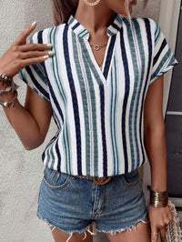 MyWesternMulticolor Striped Print Notched Neck Short Sleeve Top WesternLove