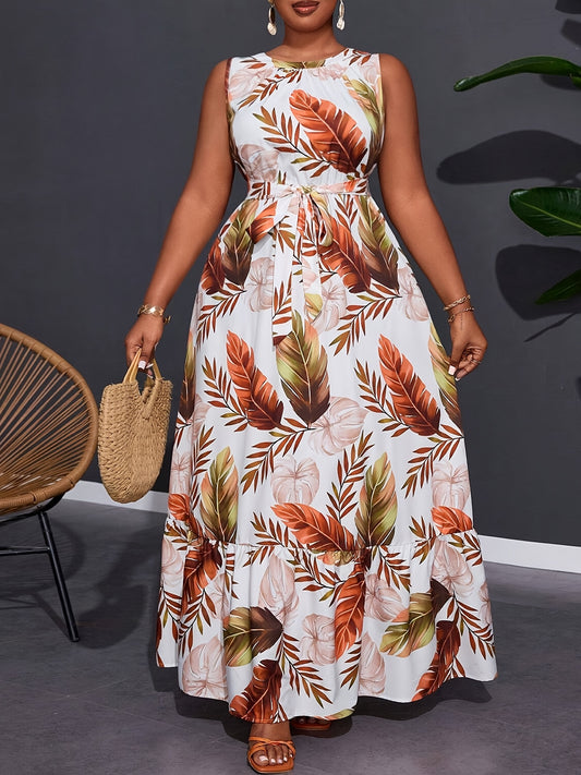 Tropical Leaf Print Sleeveless Maxi Dress