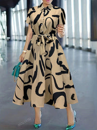 MyWestern Chic Beige and  Black Abstract Shirt Midi Dress Belted Elegance